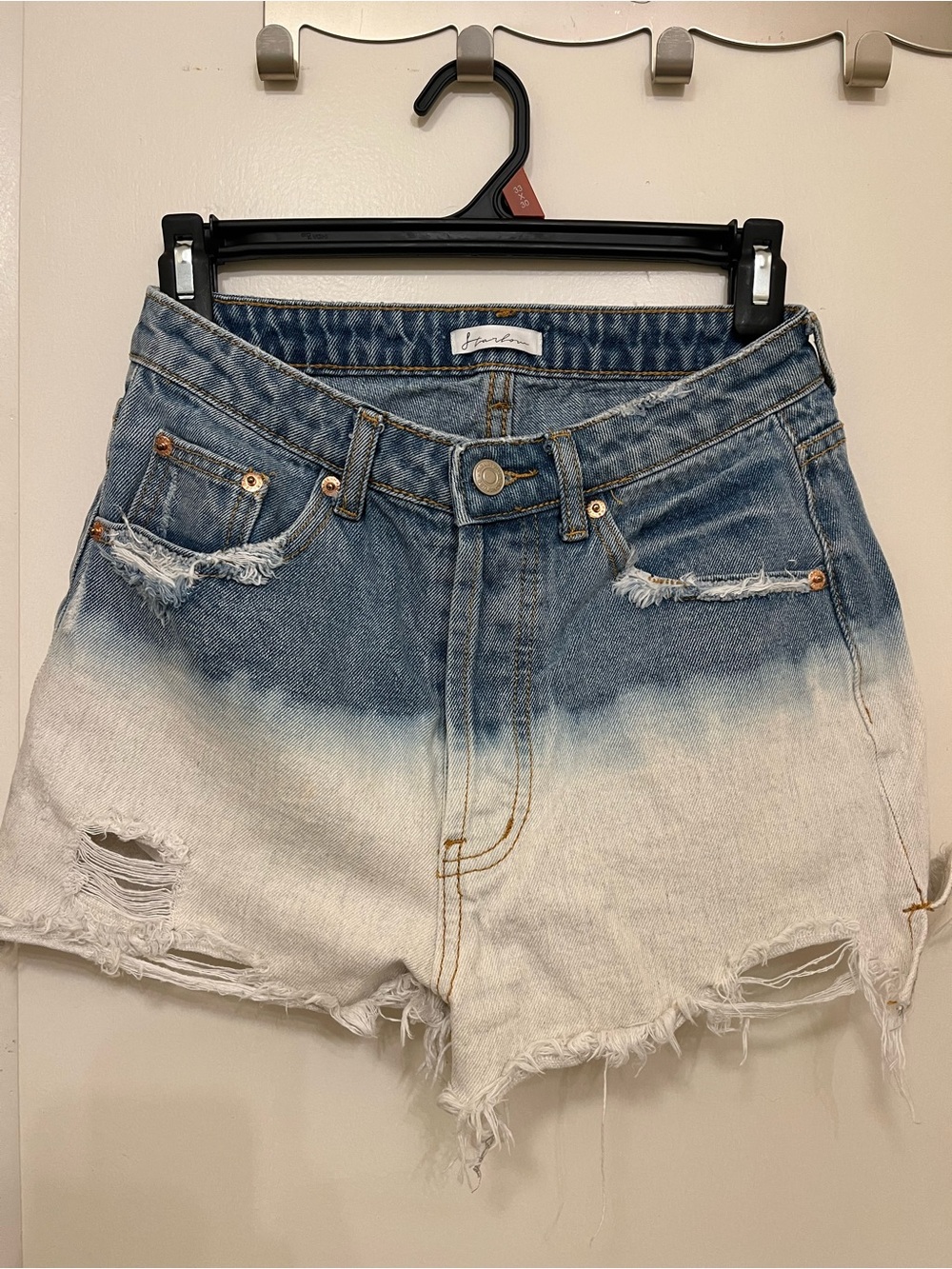 High-Rise Ombre Blue to White Distressed Denim Shorts